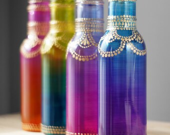 Boho Henna Art Vase, Ombre Home Gift, Glass Bottle Table Decor with Hand Painted Ombre Glass with Golden Mehndi Design