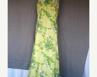 On Sale 1970's Empire Waist Chiffon and Satin Full Length Dress Sleeveless Green Floral Print