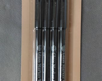 MARKERS set of 4 GLASS markers for glass, porcelain, 2 metallic green/green grey/gray color metal