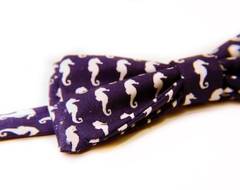 Bow tie blue hyppocampes - bow preattache - blue bowtie marine