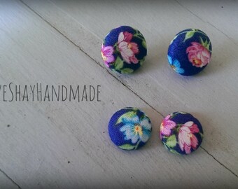 Blue Retro Floral Fabric Button Earrings