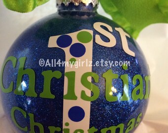 Personalized Baby's First Christmas Ornament Custom Glitter Glass Ball Bow Ribbon 2017