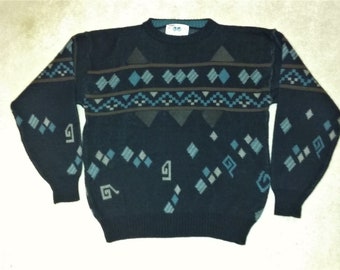 Vintage Geometric Leather Panel Cosby Sweater XL
