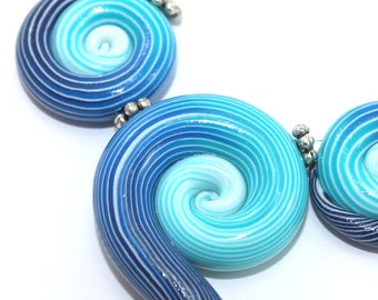 Polymer Clay beads with unique stripes, elegant big gradient spiral beads in turquoise, blue and white, set of 3