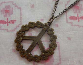 Antique Plated Flower Power Peace Sign Pendant Necklace