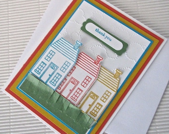 Thank you card handmade stamped heat-embossed dry-embossed colorful houses stationery greeting home living realtor corporate