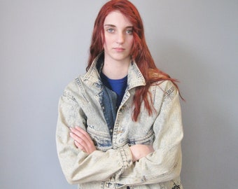 Acid Washed Denim Jacket / Vtg 80s / Jack Mulqueen Oversized Blue Acid Washed Denim Jacket / Size Small