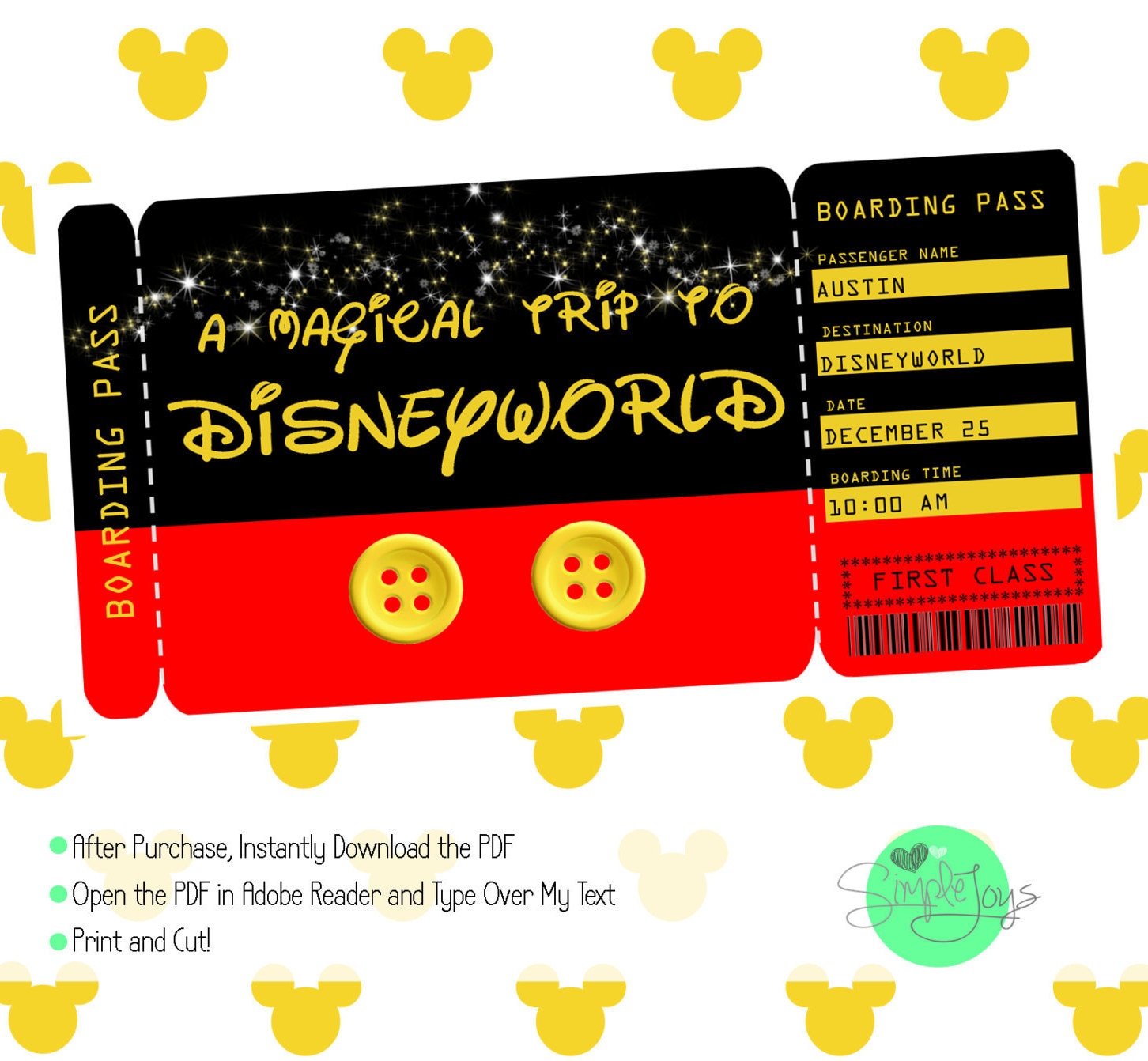 Printable Ticket to Disney Disneyworld/Disneyland Boarding