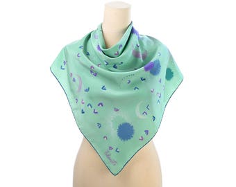 Vintage Designer Scarf 80s FALCONETTO Abstract Print Crepe Silk Shawl Aqua Blue Hand Rolled Edges Boho Vintage Luxury Scarf Women Gift Idea