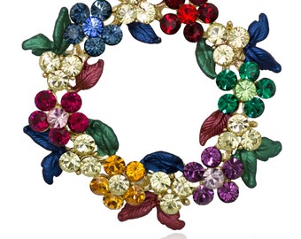 Gold-tone Swarovski Element Crystals Wreath Pin Brooch - Muticolor Christmas