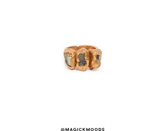 Raw Triple Stone Set Smoky Quartz Ring Sz 6.5 electroformed jewelry, copper jewelry, crystal jewelry, natural crystal, smoky quartz jewelry