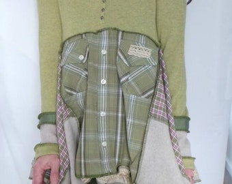 Lagenlook top. Green pixie top. Boho clothing. Hippy clothing. Upcyled sweaters. Upcycled clothing. Lagenlook clothing. Elven top