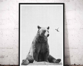 Woodlands Nursery, Baby Woodland Animal Wall Art, Black And White Nursery Art Baby Animals, Baby Wall Art Bear, Bear Prints, Nursery Decor