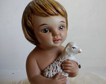 Baby Jesus with lamb, Figurine Child /Jesus Glass Eye Santos / Nativity Christmas Spain Antique Religious