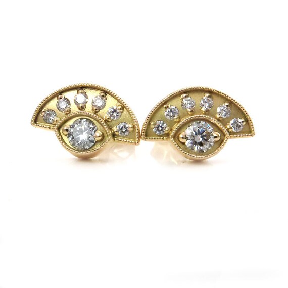 Diamond Evil Eye Post Earrings - 18k Yellow Gold Modern Stud Earring - Ready to Ship