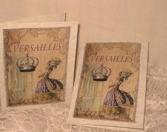 Vintage French Design Marie Antoinette Handmade Cards Adormed with Bling on Parchment ECS