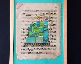 Illustration - collage posca on sheet music page city-