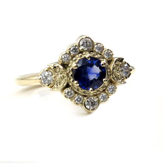 Ceylon Sapphire Engagement Ring - Crescent Moons with a Diamond Halo