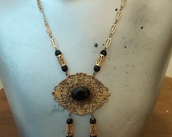 Vintage Czech Black Glass Bronze Filigree Necklace Bohemian European