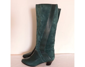 Vintage 1980s fine Italian leather boots | 80s green suede boots | harlequin boots | green boots | stacked heel | riding boot | 6.5 B