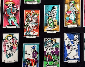 Cartas de Vida Black/Bright Skeleton Folklorico Woven Cotton Fabric Alexander Henry Cotton Fabric 1 Yard