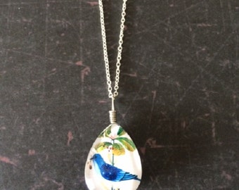 Bird Necklace - Bird Necklace Silver - Bird Jewelry - Bird Jewlery - Bird Pendant - Blue Bird Jewelry - Blue Bird Necklace - Glass Necklace