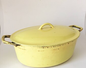 Vintage 1960's Descoware Belgium Yellow Cast Iron Large Oval Dutch Oven. Made in Belgium.