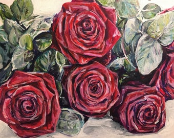Red Roses Acrylic Painting / Original Artwork. "Red Roses" on Canvas 12 x 10"