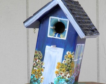 Unique Handmade Blue Birdhouse Hand Painted with Flowers and at a Slant