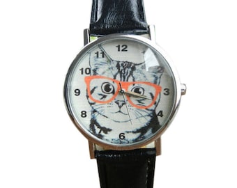 Women's Cute Cat with Glasses Watch Leather Band Analog Quartz Wristwatch Black White Pink Girls