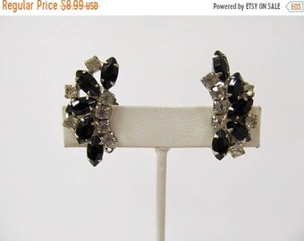 On Sale Vintage Prong Set Black and Clear Rhinestone Earrings Item K # 977
