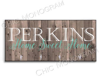 Personalized Housewarming Gift Custom Wood-Look Key Holder Key Rack Hanger Monogrammed Home Sweet Home Wall Organizer Family Name Sign