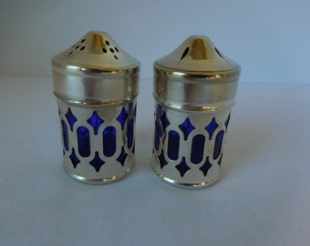 Vintage Cobalt Blue Glass and Silver Plate Salt and Pepper Shakers/Set of Two