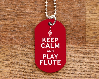 Keep Calm and Play Flute Dog Tag Necklace for Marching Band Geeks and Musicians