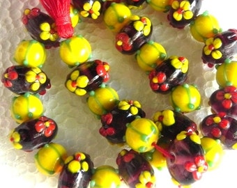 21" long Lampwork handmade Yellow,Red,trans Fuchsia Beads string / beading craft/jewelry craft/craft supplies/jewellery making