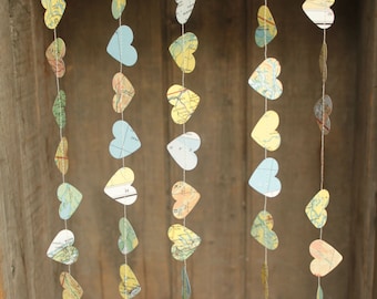 Wedding Decoration, Wedding Garland, Paper Garland, Travel Theme, Atlas Garland, Map Garland, Heart Garland, TINY Hearts - 10 feet long