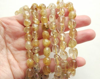 Gold Rutilated Quartz Tumble Nugget Beads One Full 16" Strand F3438