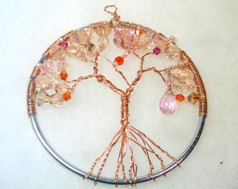 Beaded Tree of Life Sun Catcher - Peachy Pink Glass Beads on Copper Tree - OOAK 1552