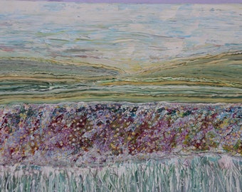 Wild Flowers on the Landscape one metre x 70cm paintings original artwork acrylic shimmering wall art large canvases. Emily Duchscherer Kirk
