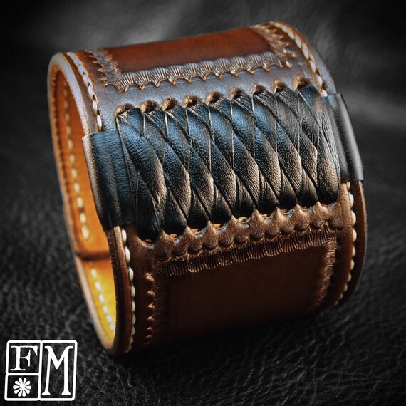 Brown Leather cuff Bracelet American Western Saddle wristband Handstitched Braided Stamped Handcrafted for YOU in USA by Freddie Matara!