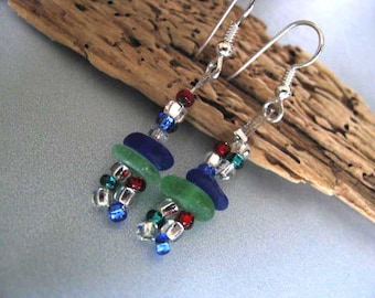 Genuine Beach Glass Dangle Earrings - Kelly Green and Cobalt Blue Sea Glass - Seed Beads and Sea Glass Earrings - Nautical Earrings