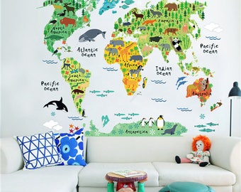 Kids world map wall sticker - educational - large - removable decals - nursery decor gift