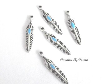 10 charms silver and turquoise feather size 28 x 5 mm