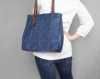 Leather tote bag. Blue leather tote. Tote bag leather. Embroidered leather handbag. Leather shoulder bag. Ocean blue leather purse.