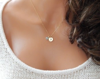 Initial Birthstone Necklace • Personalized Birthday Gift for Her • Custom Monogram Stamped Minimal Layering Girlfriend Gift