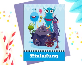 10 children's Birthday invitations with purple envelopes for a monster theme party, girls and boys, postcards to fill out