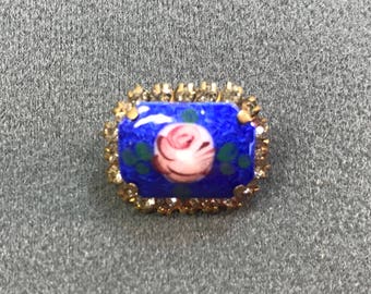 Pretty Little Blue Guilloche Enamel and Rhinestone Brooch . Free shipping