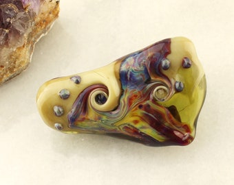 Lampwork Glass Bead Long Rustic Focal Green, Blue, Burgundy, Top Drilled