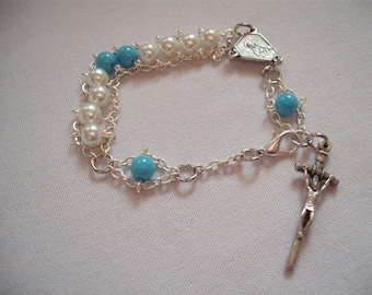 White and Light Blue Immaculate Heart Glass Rosary Bracelet
