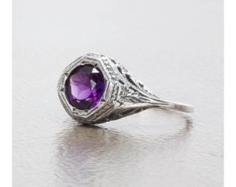 Filigree Natural Amethyst Art Deco Style Ring in Sterling Silver